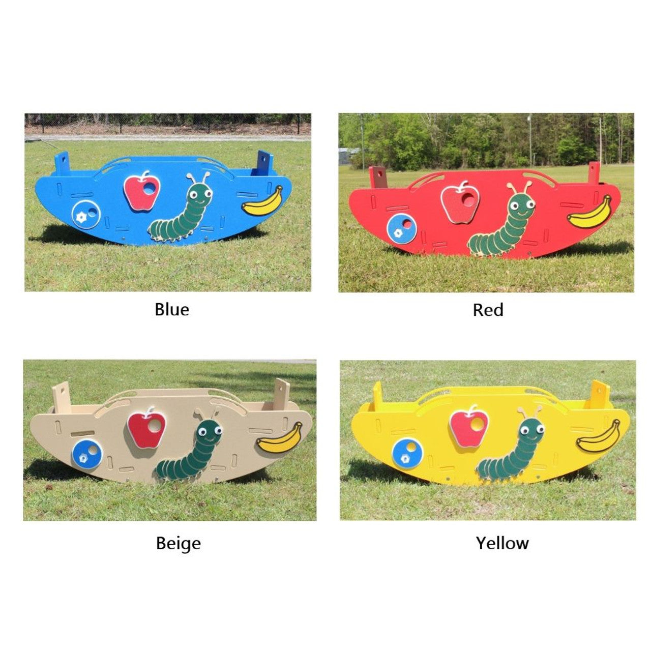 Four colorful seesaws in blue, red, beige, and yellow with green caterpillar and fruit graphics, hand holds, and footrests.