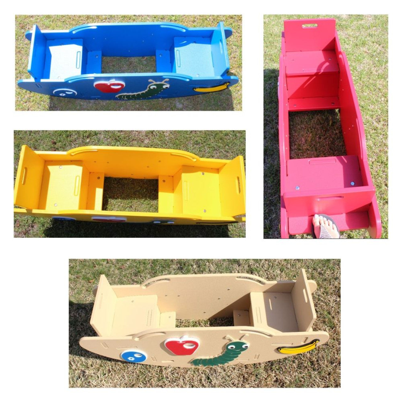 Overhead view of colorful wooden seesaws with caterpillar and fruit designs, hand holds, and footrests on grass