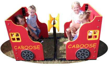 Train Caboose playground vehicle with red panels, yellow accents, two bench seats, four wheels, and children playing inside