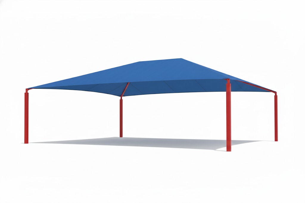 Hip Roof Shade Structure with blue rectangular canopy and four red posts providing UV protection over playground equipment