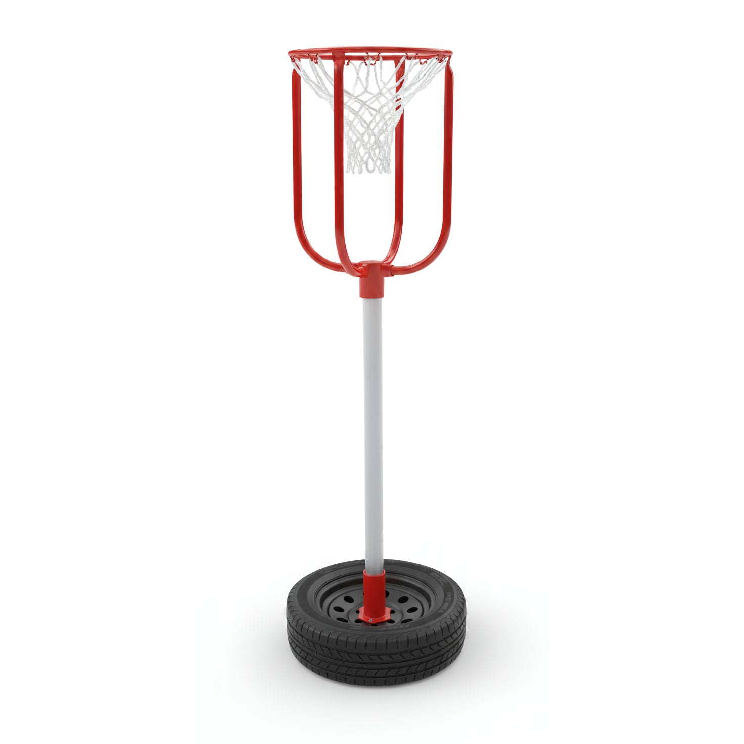 Fun Shot Funhoop basketball goal with red metal hoop, white net, portable mount, and white pole promoting hand-eye coordination and cooperative play