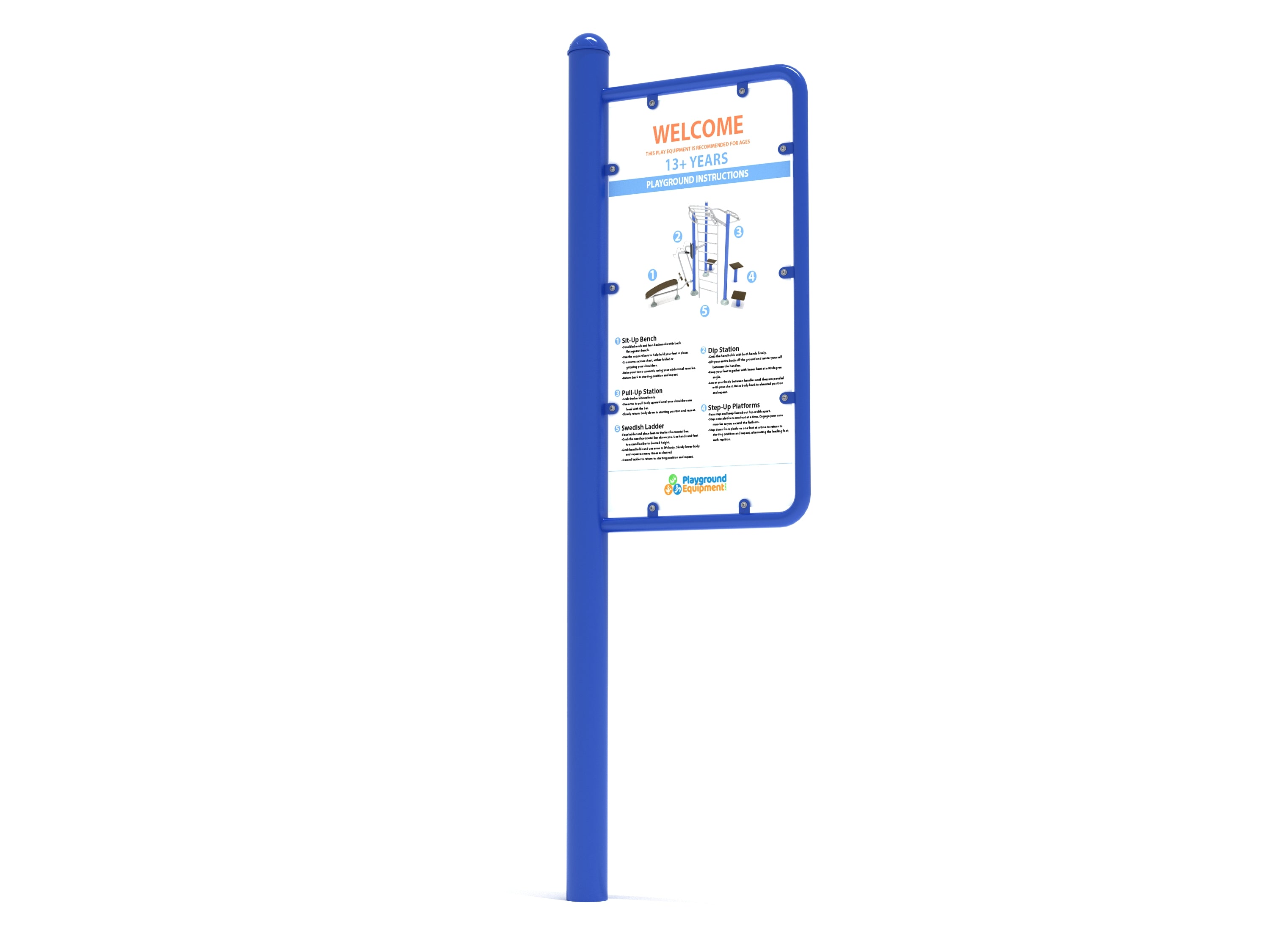 Fitness Station Sign with blue metal frame and instructional fitness circuit diagram for outdoor gym equipment