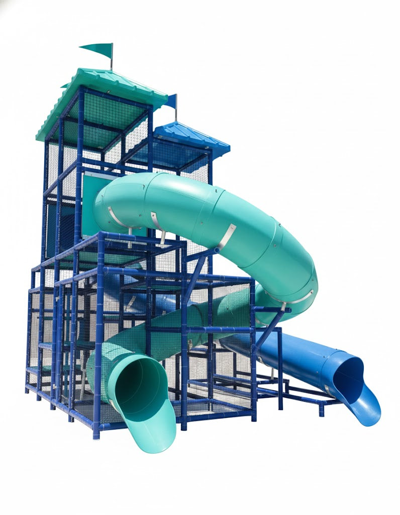 The Indian Ocean Water Slide with three large curved blue and teal slides, blue metal frame tower, and teal roof with flag