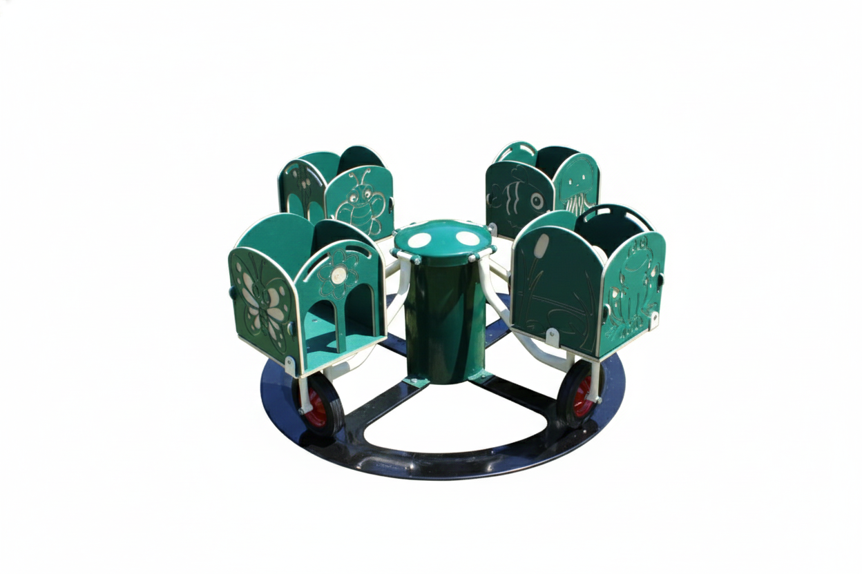 Carrington's Carousel four-seat merry-go-round with green animal-themed seats and solid steel track for playgrounds