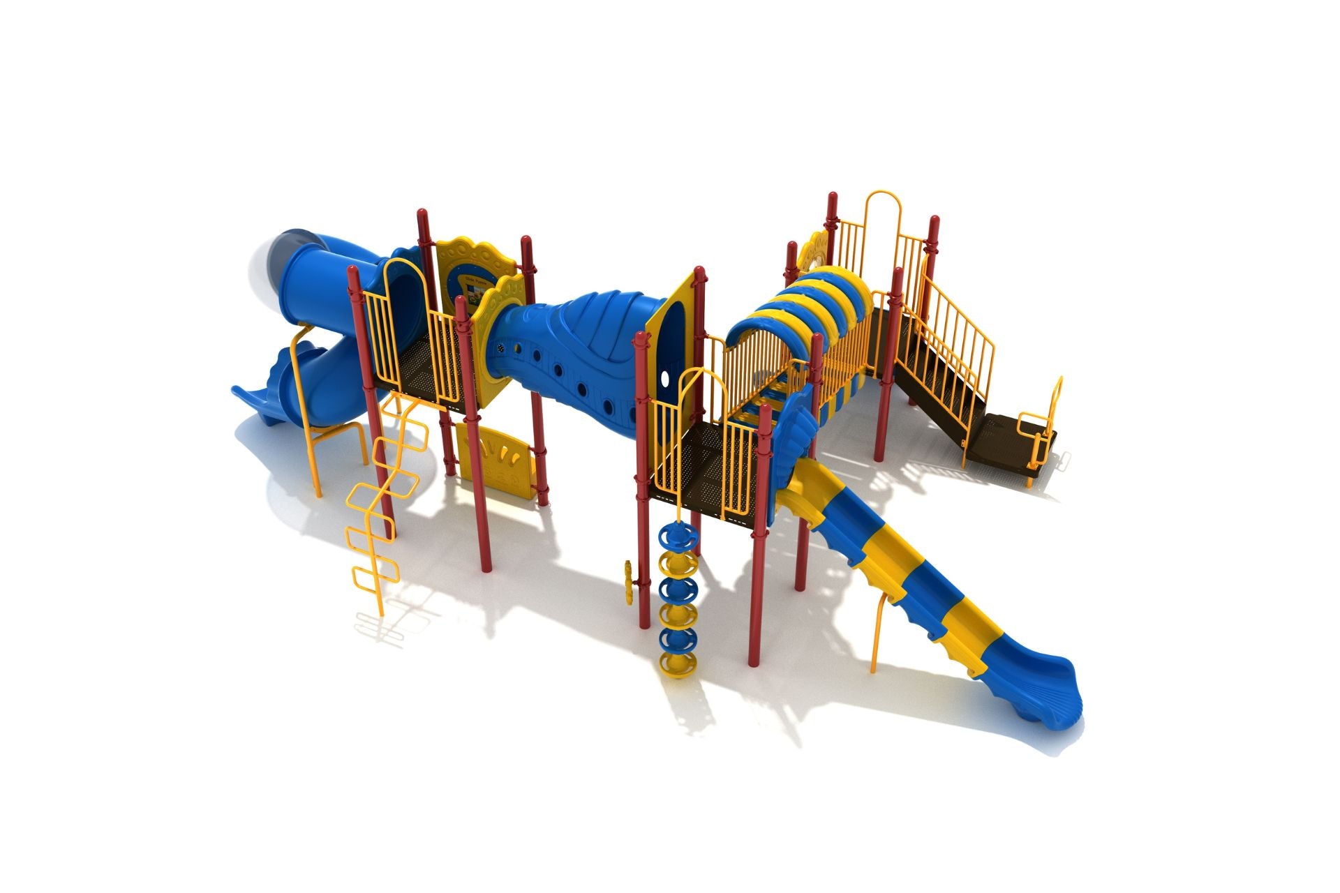Joliet Playground large play system with blue and yellow slides, climbing walls, bridges, interactive panels, and ground-level play features