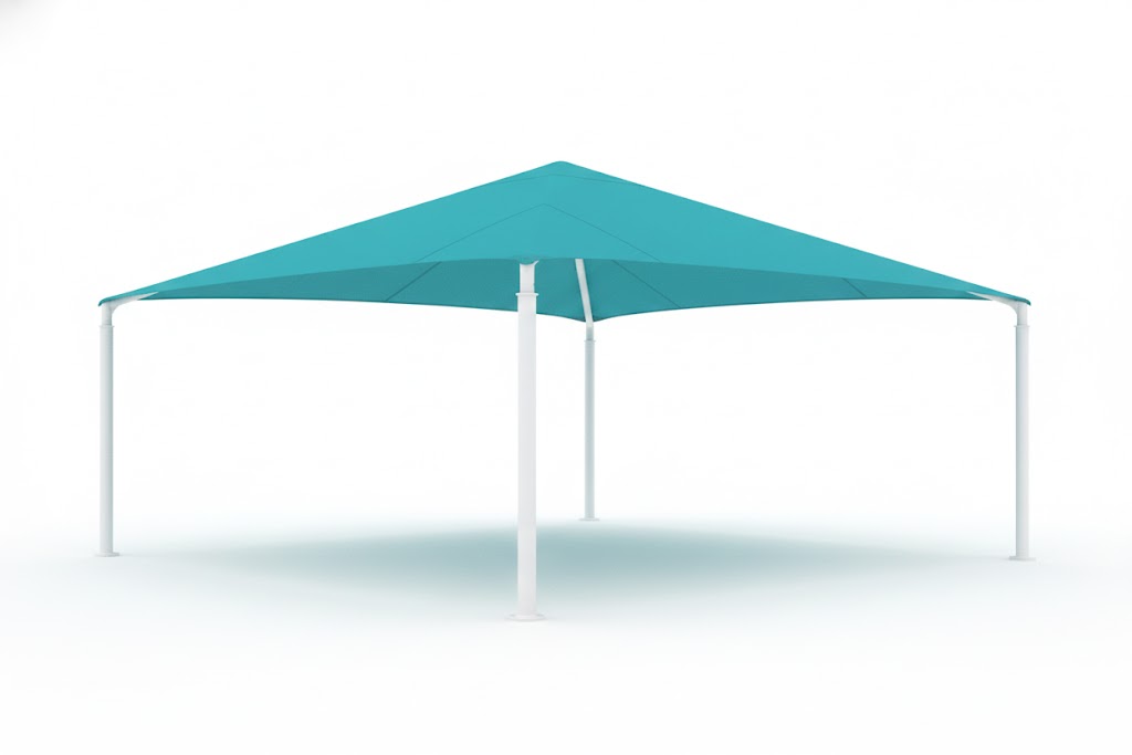 Hip Roof Shade Structure with blue hip roof canopy and four white posts shading outdoor metal lockers in a park setting