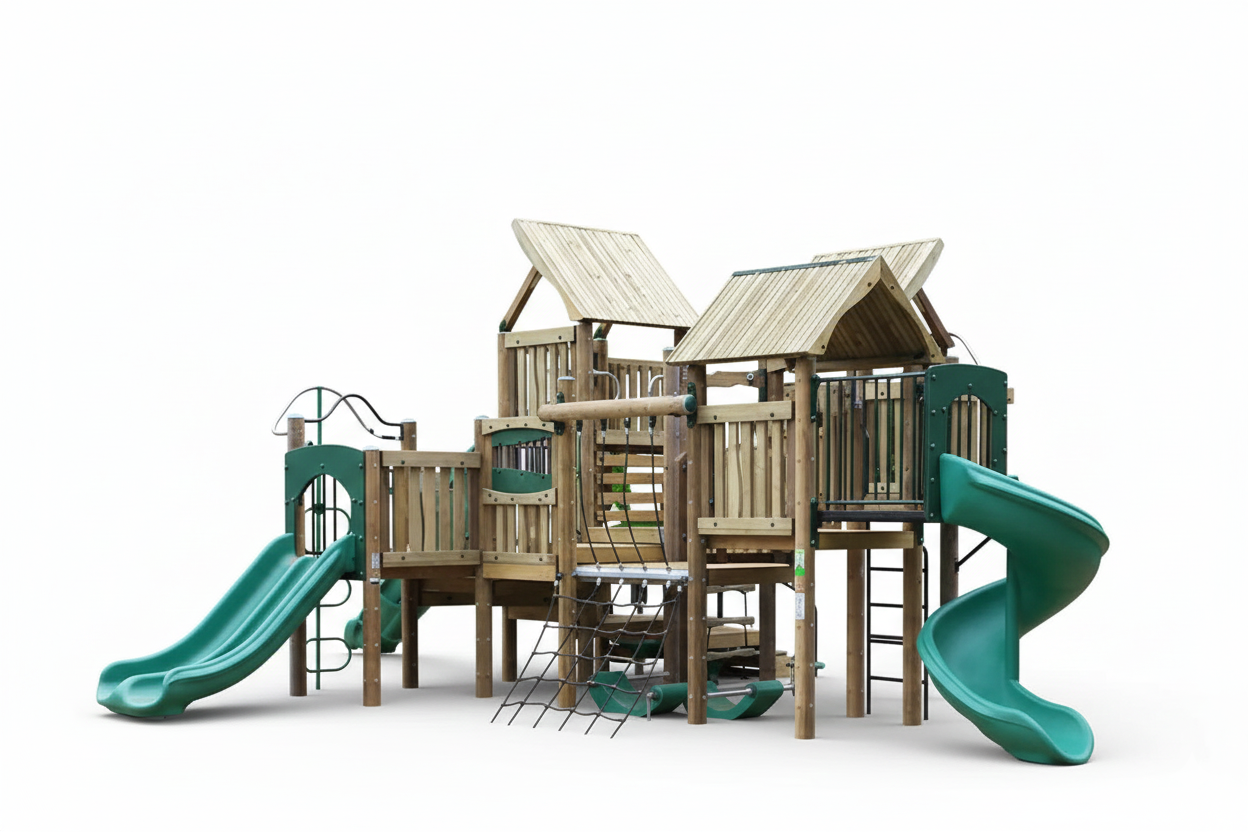 Pine Play System wooden playground with two peaked roofs, green double and spiral slides, climbing net, and fireman pole on mulch surface