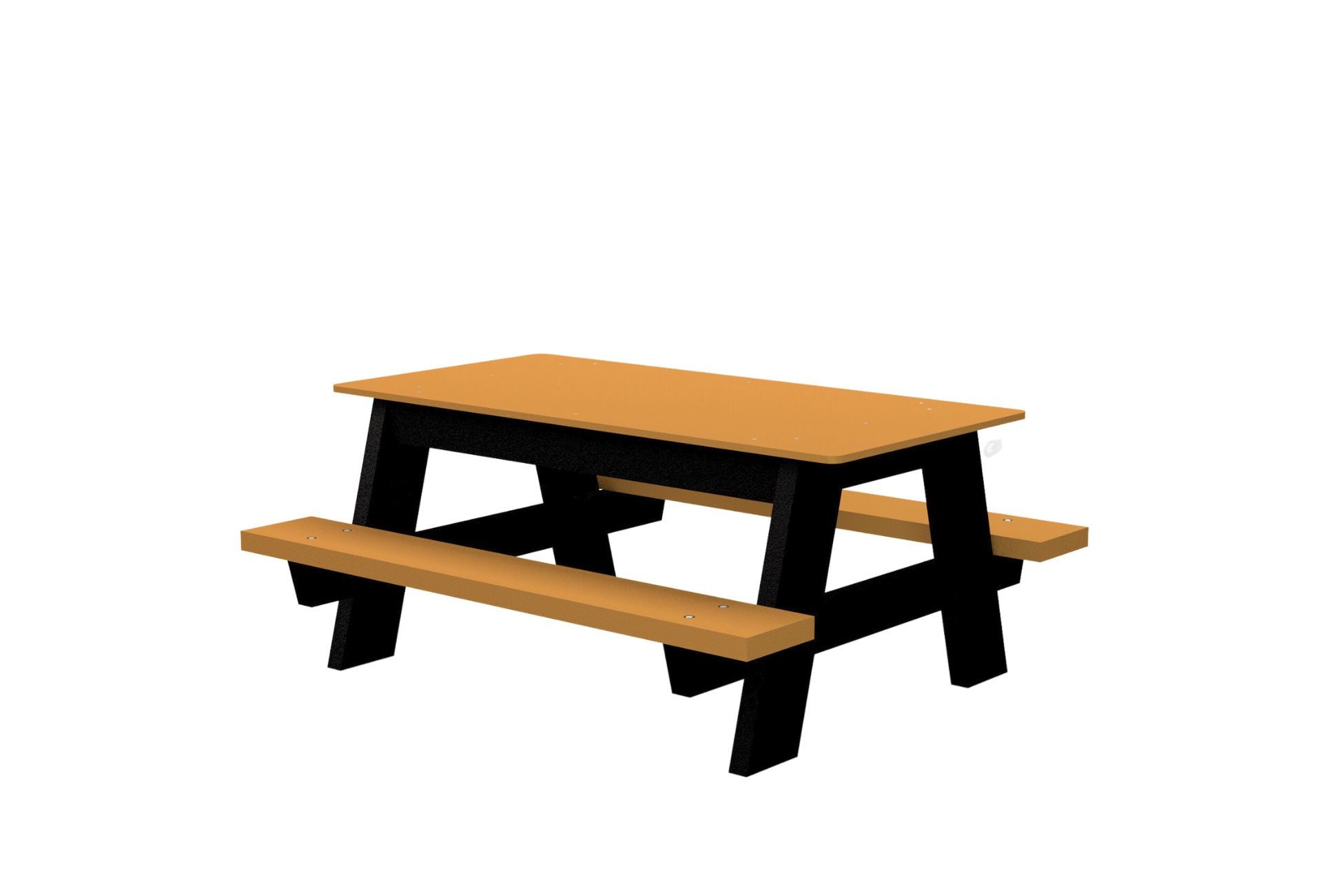 Kids Recycled Plastic Picnic Table with brown top, black recycled plastic frame, child-sized outdoor furniture for play and learning