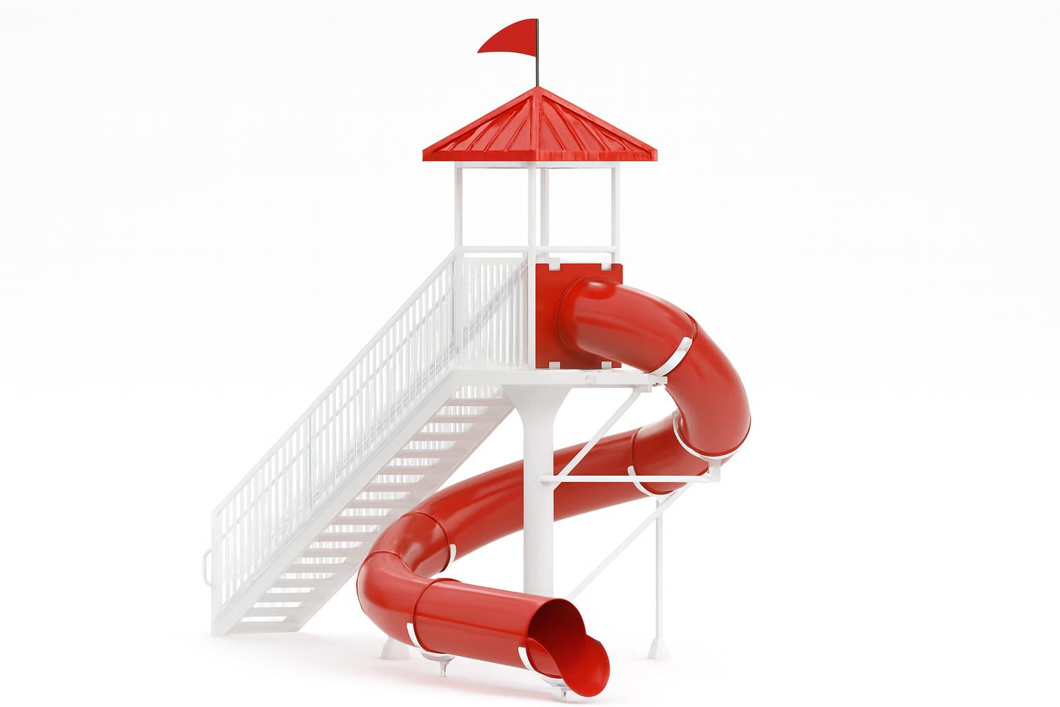 Shoshone Falls Water Slide with red spiral tube, white support structure, red roofed platform by poolside with palm trees and ocean view