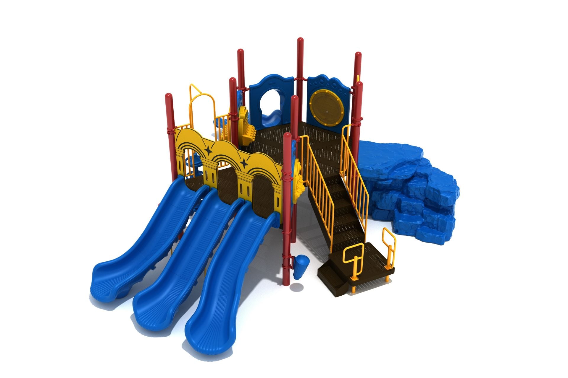 Kessler Commons Playground with triple arch entrance slides, blue textured boulder climber, red posts, yellow railings, and musical panels
