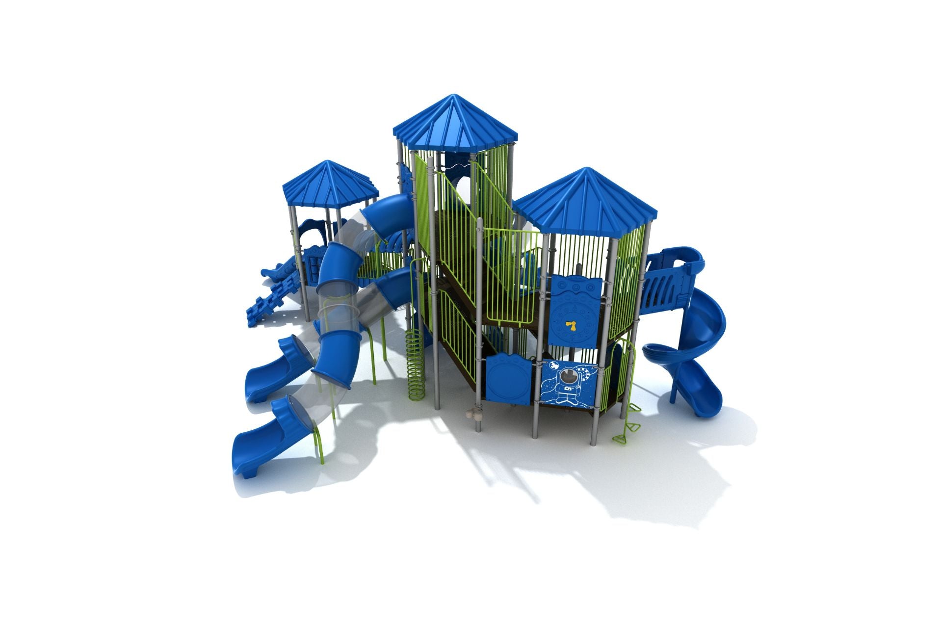 Kings Gate Playground large commercial play system with blue tube slides, spiral slide, interactive panels, and climbing towers