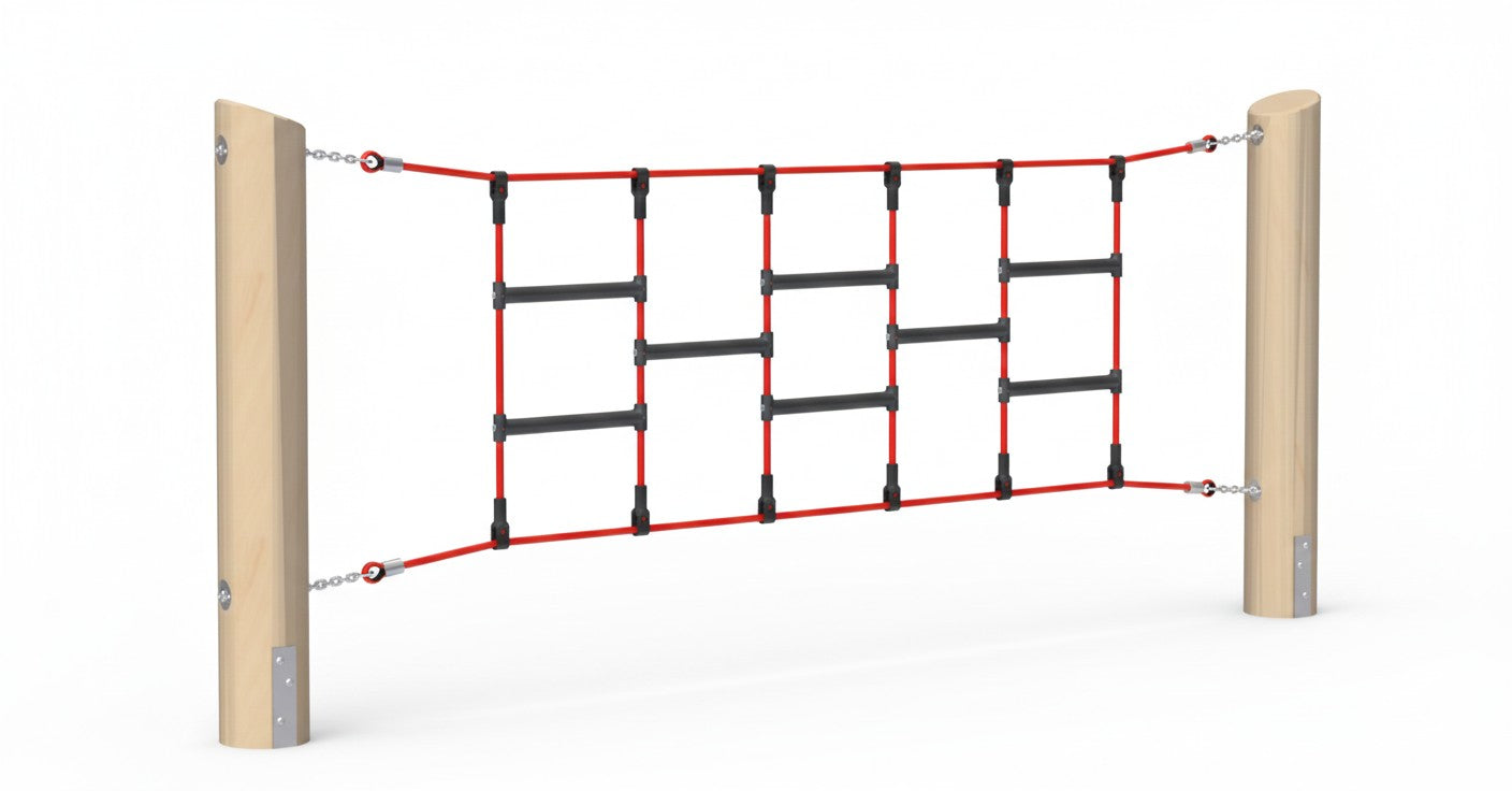 Climbing Rungs playground equipment with black wooden rungs and red ropes between two vertical wooden posts