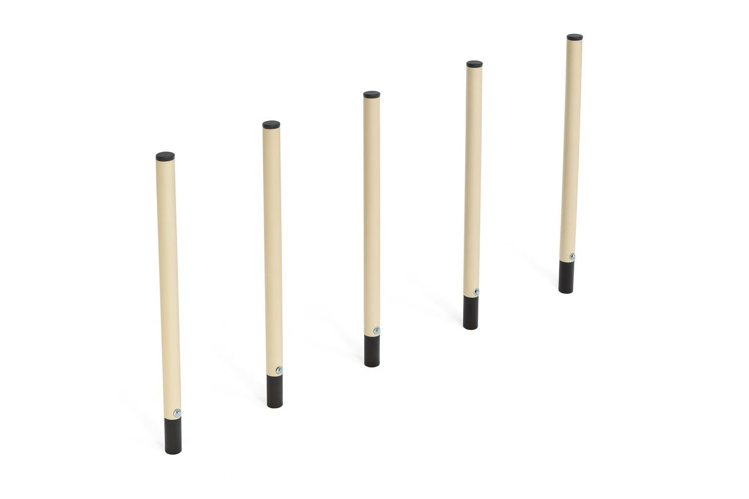 Weave Posts Dog Exercise Equipment with six beige powder-coated steel posts and black flexible rubber stoppers for dog agility training