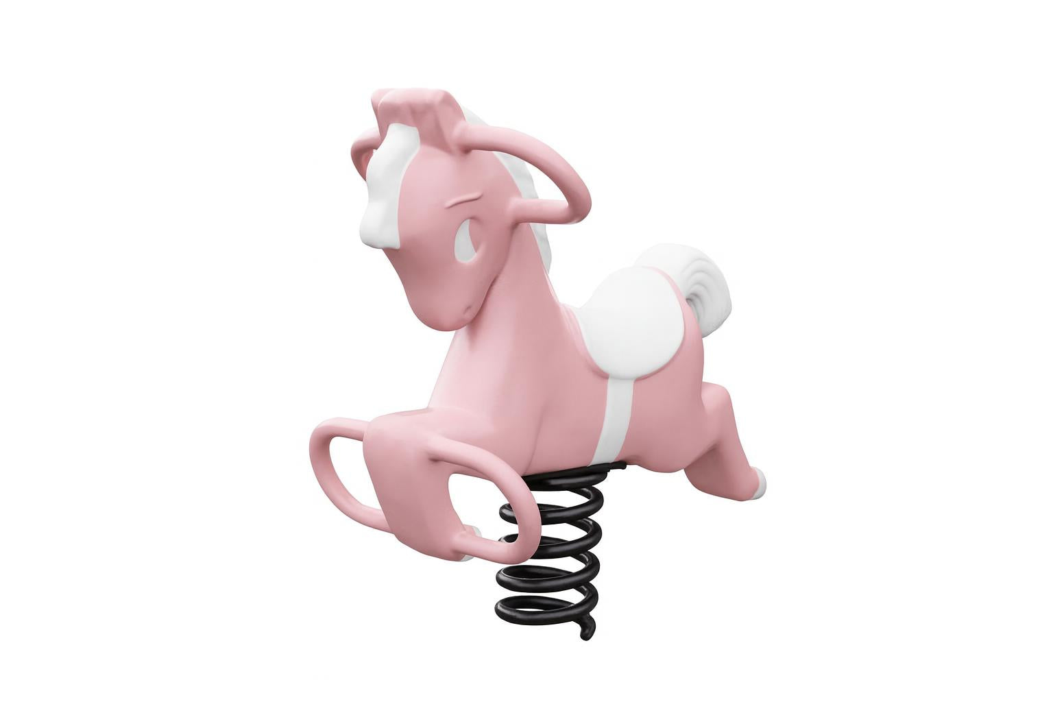 Pink Pony Easy Rider spring rider with white accents, durable rotomolded playground toy on black spring