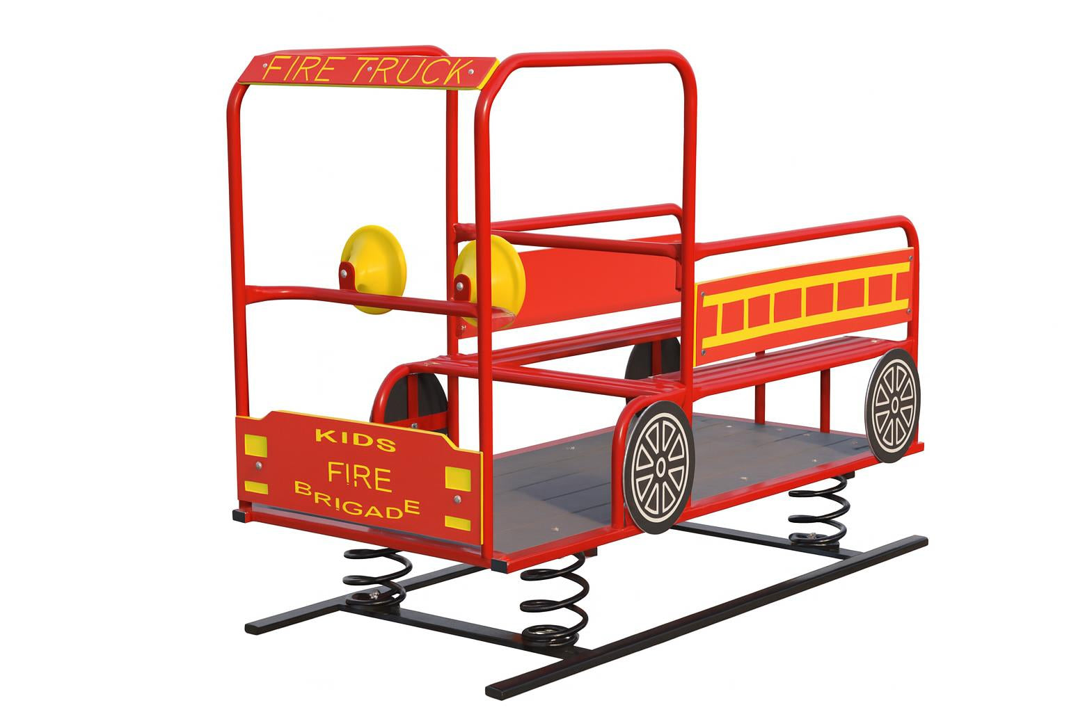 Fire Truck Multi Passenger Spring Rider with red and yellow frame, decorative wheels, handrails, and dual coil springs on playground surface