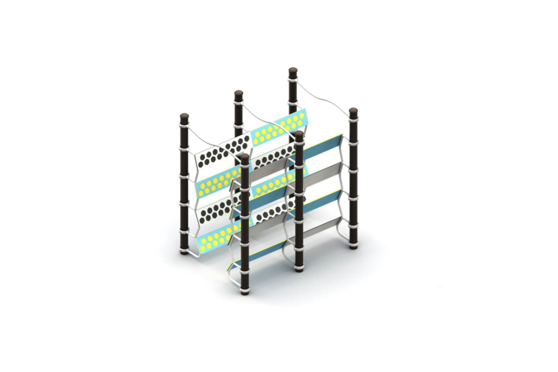 Outdoor climbing equipment with two parallel walls, colorful circular grips, and sturdy vertical posts for active play and skill development