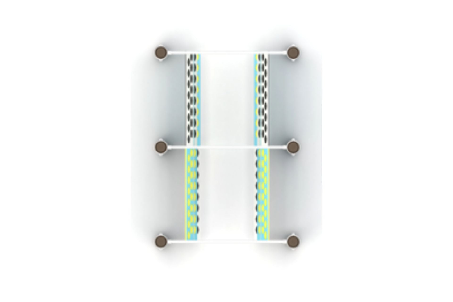 Overhead view of two parallel climbing walls with colorful hand and footholds and support posts for active play