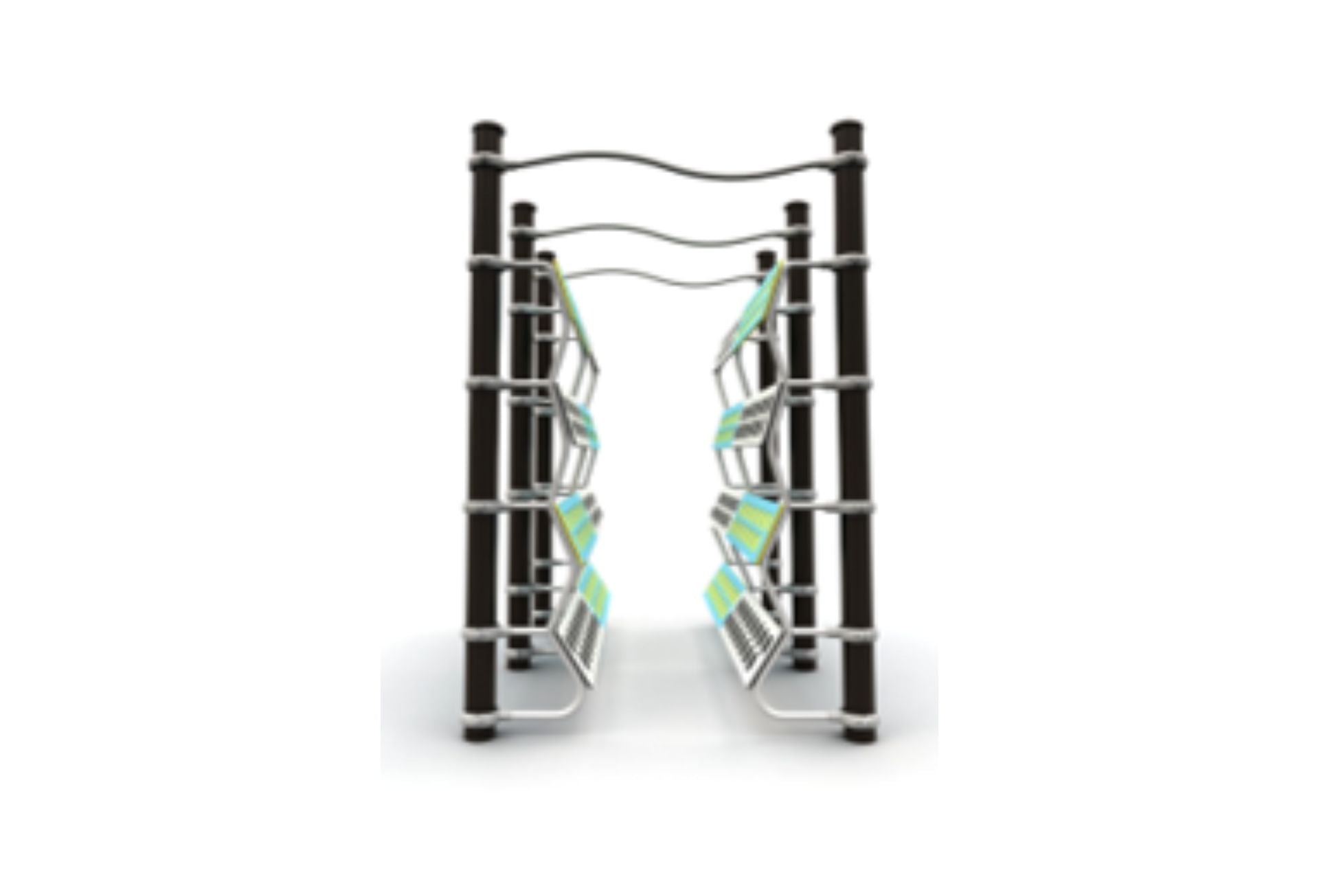 Parallel climbing walls with angled panels and metal bars designed for strength, agility, and balance play equipment