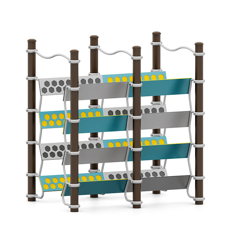 Leap Climber climbing equipment with parallel teal and gray walls featuring yellow hexagonal and circular grips for agility and balance challenges