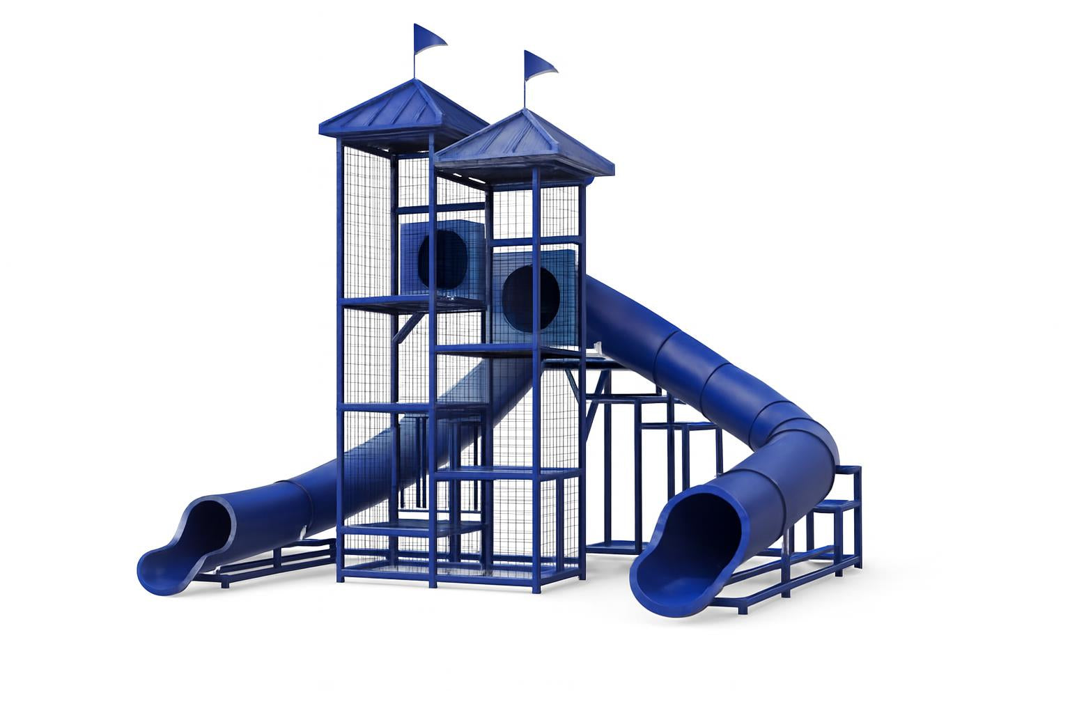 Lake Michigan Water Slide with twin curved blue flumes, twin towers with roofs and flags, beside a pool and white picket fence