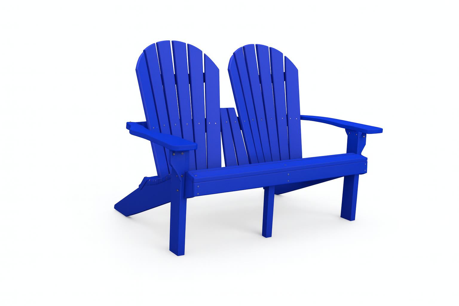 Riviera Recycled Plastic Adirondack Love Seat in vibrant blue with slatted back and armrests for durable outdoor seating