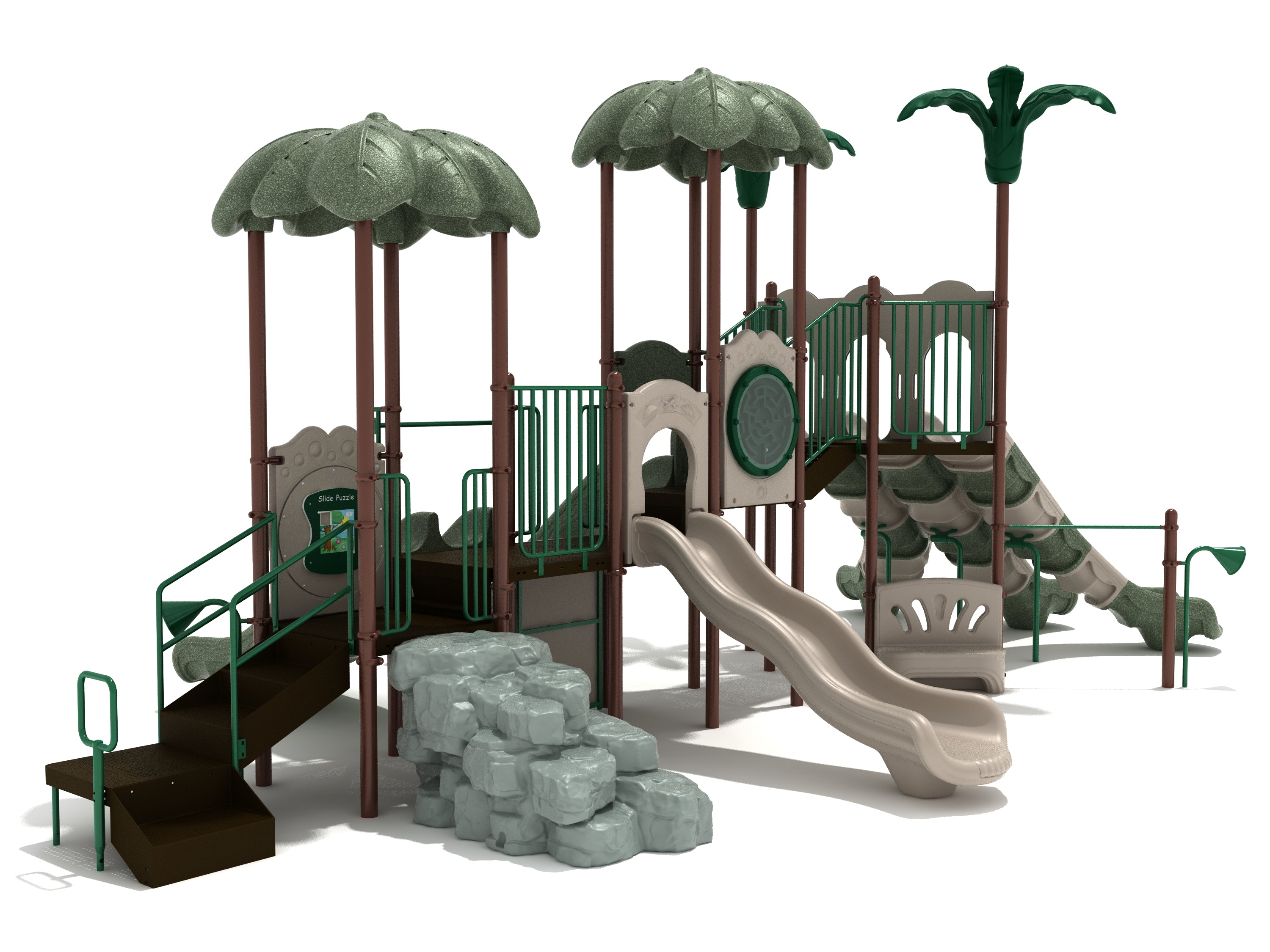 Tropical commercial playground side view with palm canopies, wavy slide, climber, maze panel, inclusive transfer station