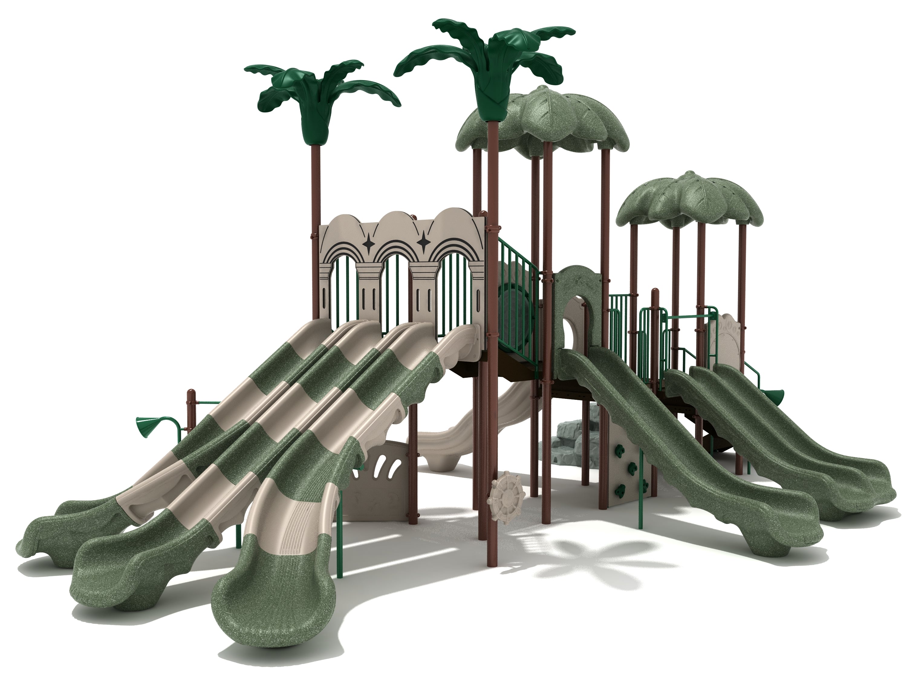 Front view of tropical commercial playground with palm canopies, triple-wave and dual slides, bridges, and climbers.