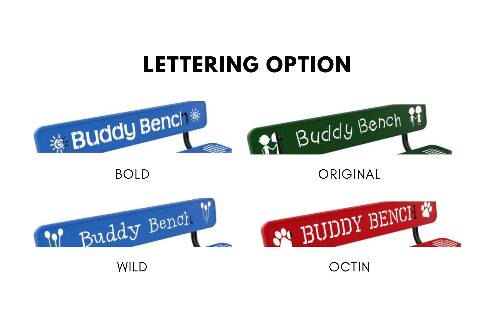 Colorful playground bench backs in blue, green, and red with playful lettering and child-friendly icons promoting inclusion and friendship.