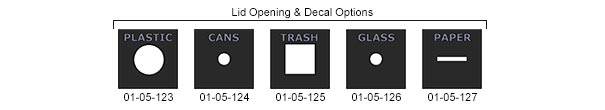 Five black recycling receptacle lids with white routed labels and distinct openings for plastic, cans, trash, glass, and paper.