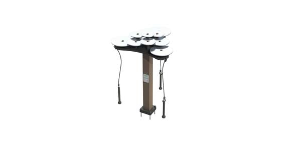 Lilypad Cymbals outdoor musical park instrument with ten layered silver anodized aluminum discs and hanging mallets for interactive play