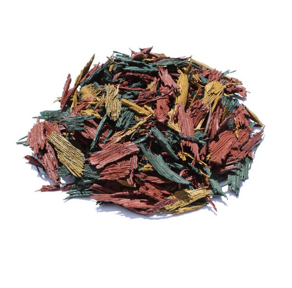 Mixed red, green, and yellow shredded rubber mulch pieces for durable, low-maintenance playground and landscaping ground cover