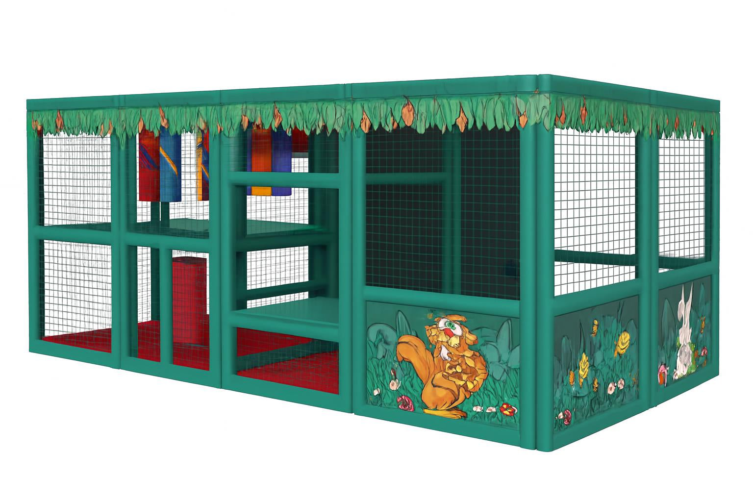 Tot Town Contained Play Jungle indoor playground with netted sides, jungle-themed panels, colorful hanging soft play elements, and children playing inside
