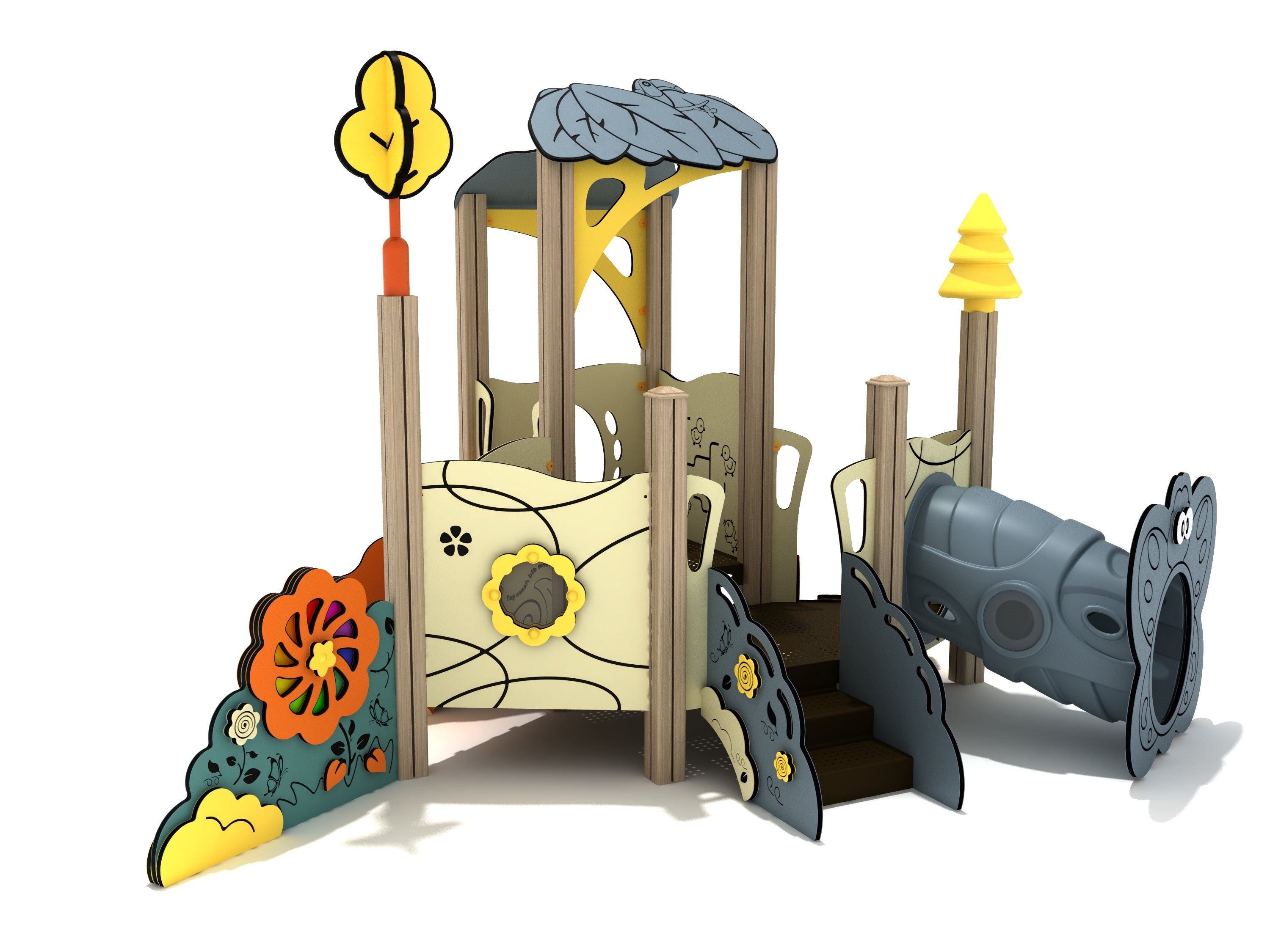 Gardenia Canopy Mini Play Structure with nature-themed panels, leaf canopy, butterfly tunnel, and toddler-friendly steps