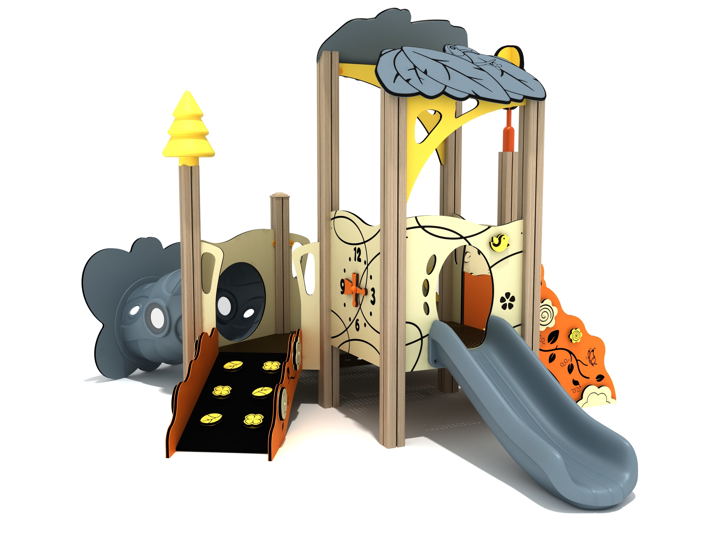Toddler play structure with dual gray slides, climbing ramp with leaf cutouts, tunnel, and nature-themed panels