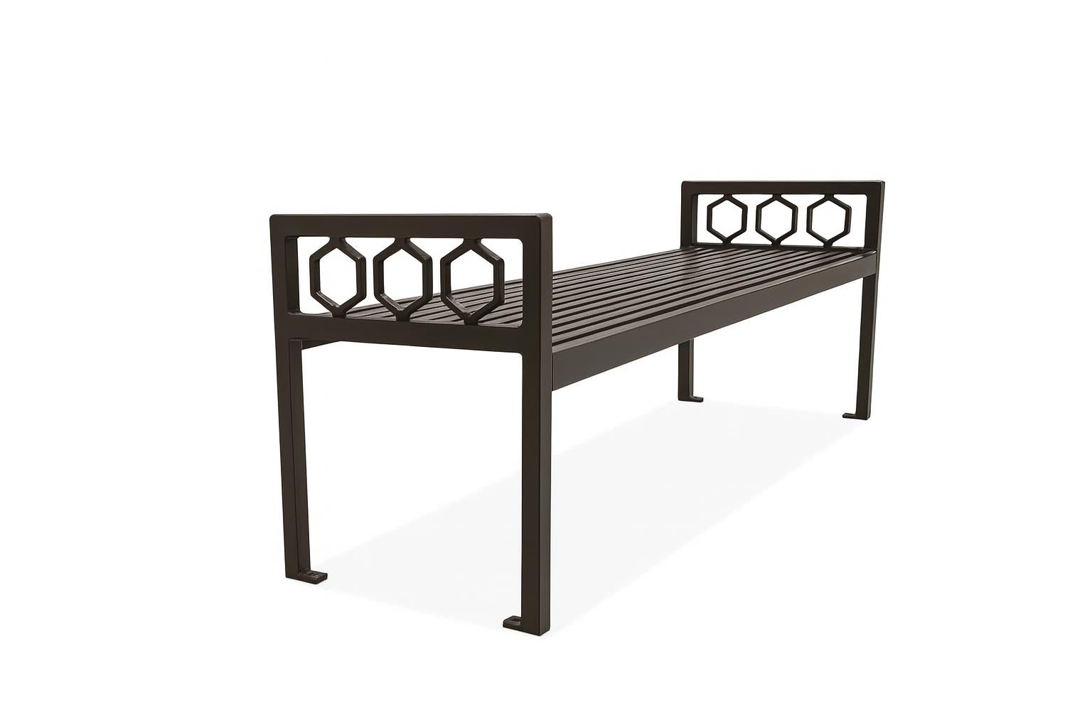 Huntington Bench without Back, modern outdoor metal bench with hexagonal geometric side panels and slatted seat along urban plaza wall