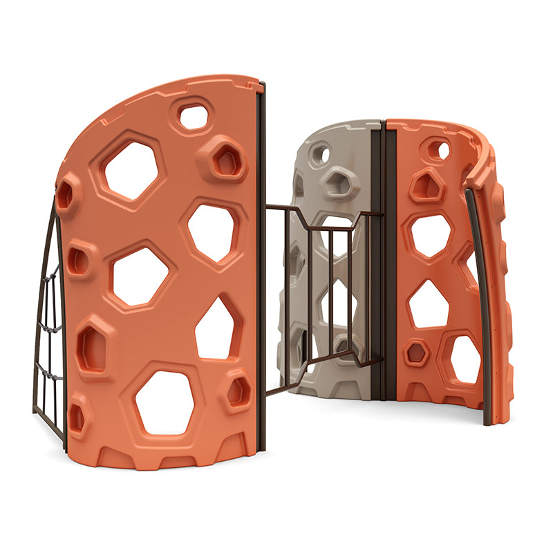 The Windows Vertical Rock Climber with tan and paprika modular panels, geometric cutouts, and secure handholds for outdoor climbing play
