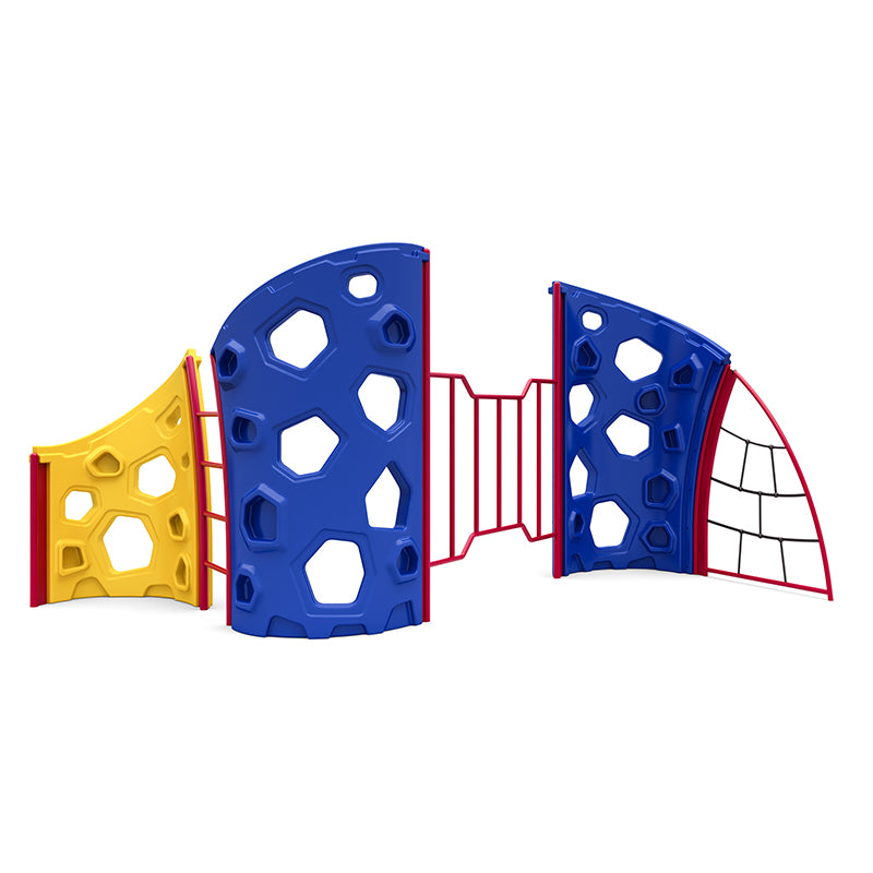 Double Arch Vertical Rock Climber with vibrant blue and yellow walls, red connecting bars, and rope net climbing features.