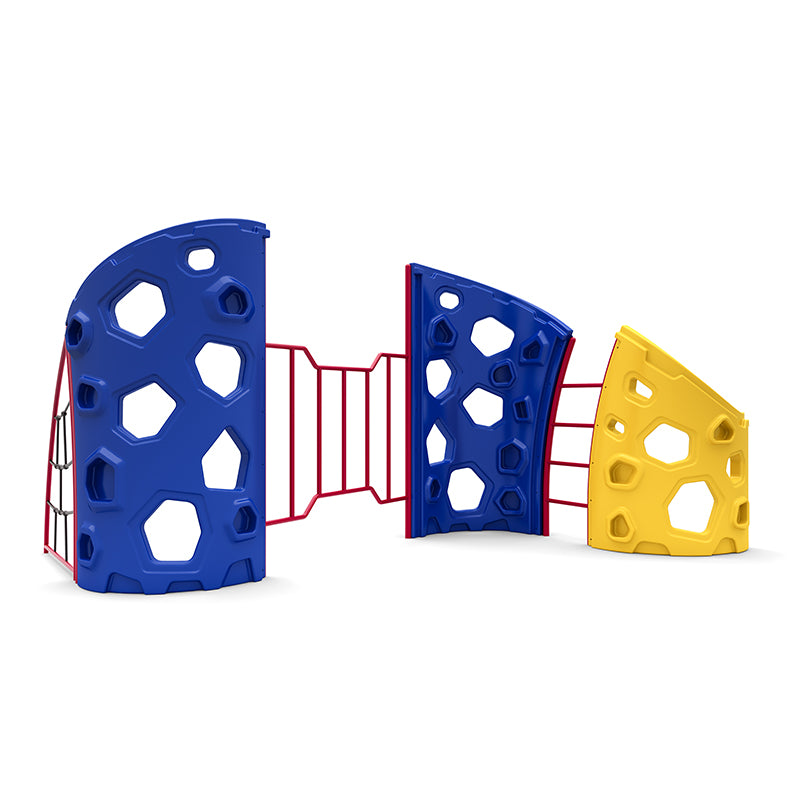 Colorful vertical climbing structure with two large blue arches, one smaller yellow arch, red connecting bars, and geometric climbing holds