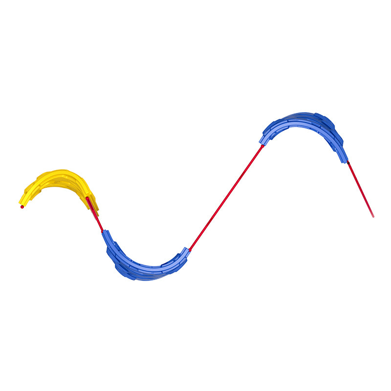 Overhead view of colorful double arch vertical rock climber with yellow and blue arches connected by red climbing bars