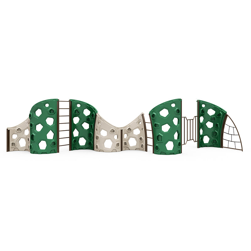 Park Avenue Vertical Rock Climber with green and beige hexagonal cutout panels, metal ladder, rope, and connected climbing zones for active outdoor play