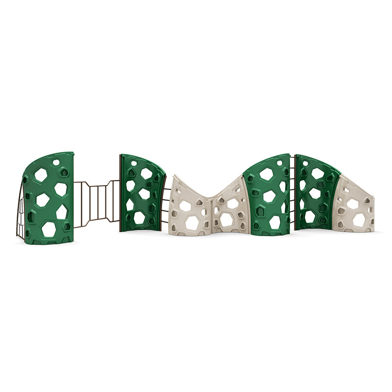 Outdoor vertical rock climbing structure with green and beige hexagonal panels, metal ladder, and climbing rope for active play