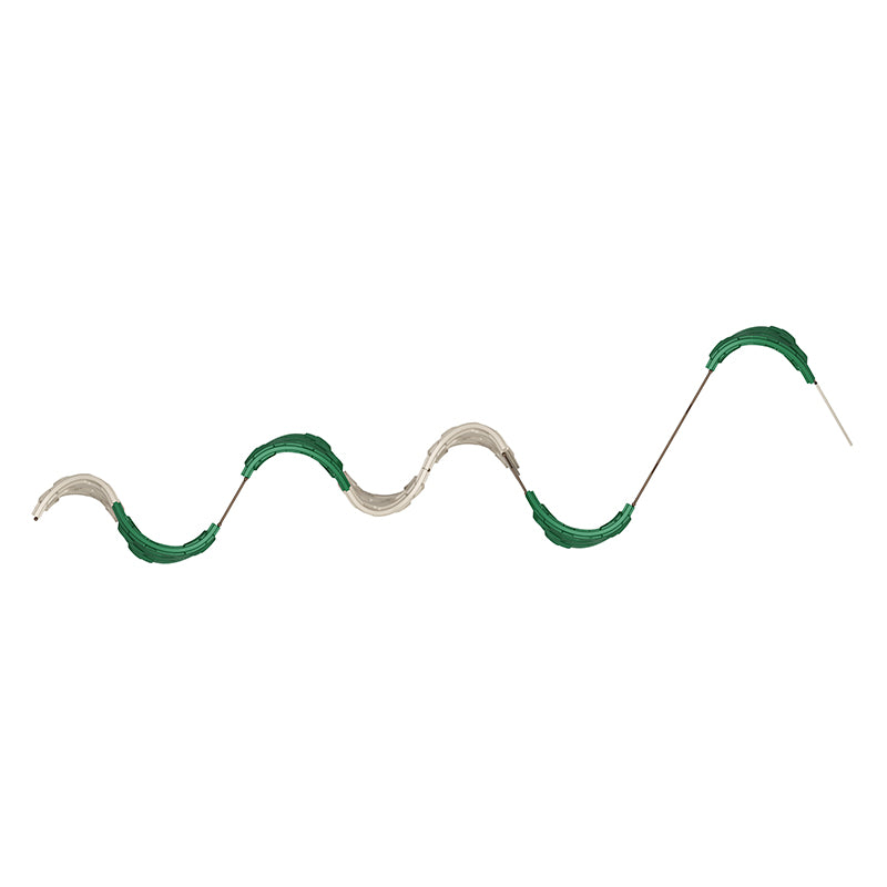 Overhead view of wavy vertical rock climbing structure with green and beige hexagonal panels, metal connectors, ladder, and rope