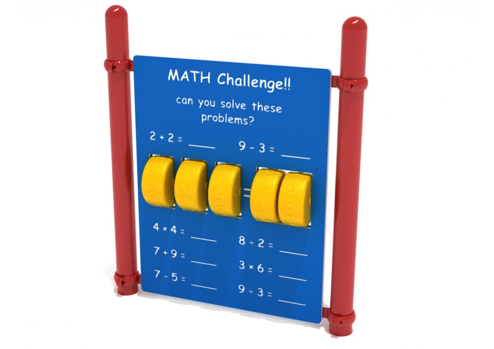Freestanding Math Panel with Posts featuring blue board, red posts, yellow rotating wheels with numbers and math symbols, printed math challenges