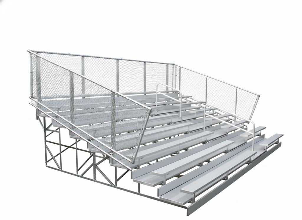 8 Row Deluxe Bleachers with aluminum seating, chain-link guardrails, and aisle handrails in outdoor sports field setting