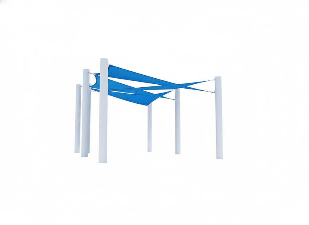 Sail Shade Structure Custom with blue hyperbolic fabric sails stretched over white columns shading picnic tables in a landscaped park