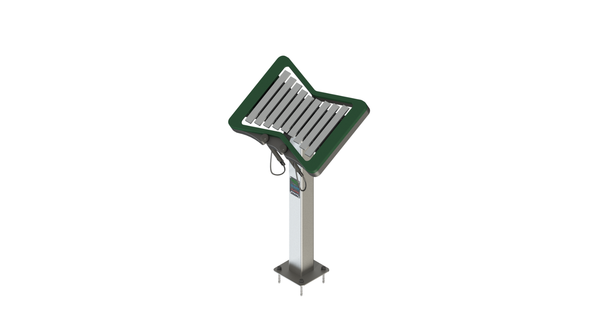 Melody Outdoor Musical Park Instrument metallophone with nine silver aluminum bars on green recycled plastic frame mounted on metal post