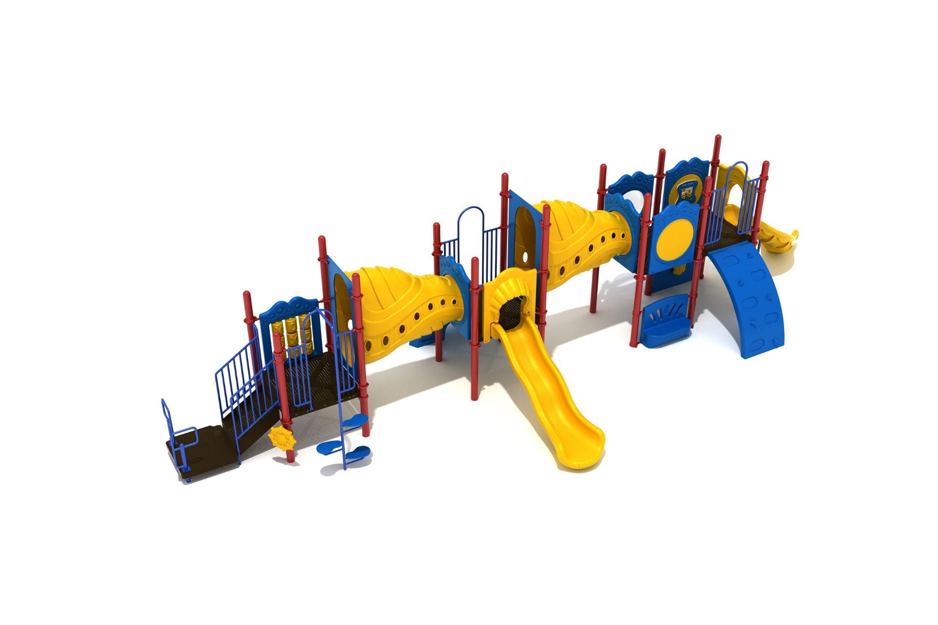 Mendenhall Playground large play system with yellow slides, blue climbing panels, red posts, interactive panels, and musical features