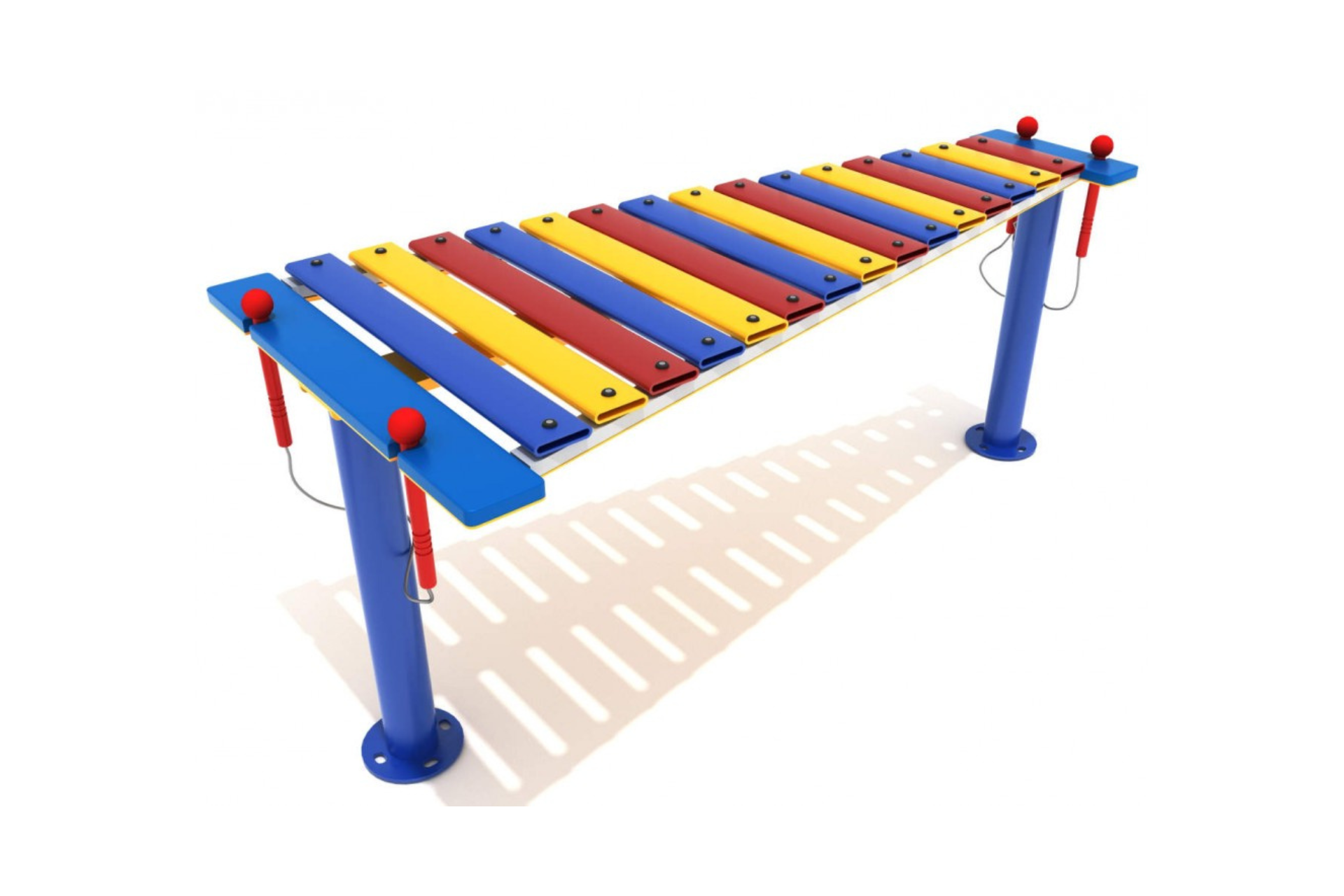 Metallophone Drums with 15 colorful metal keys and attached red mallets on blue stands for playground musical play