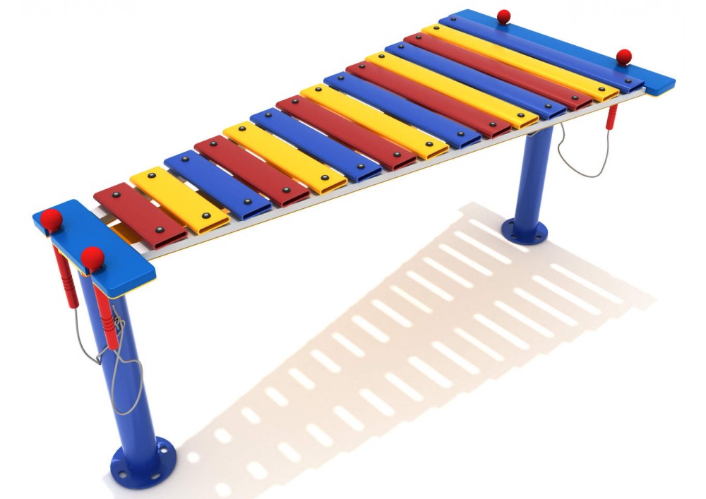 Outdoor playground metallophone with 15 colorful metal keys in red, yellow, and blue, mounted on blue posts with attached red mallets.