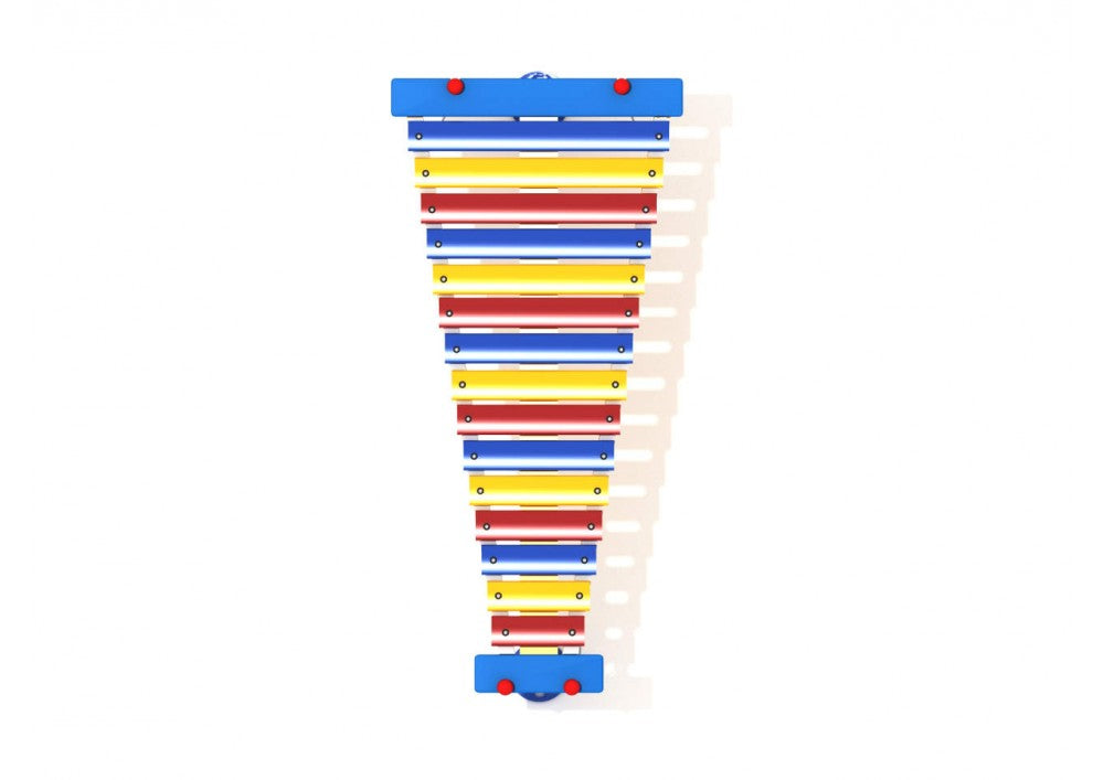 Overhead view of colorful metallophone with 15 alternating blue, yellow, and red metal keys and attached mallets